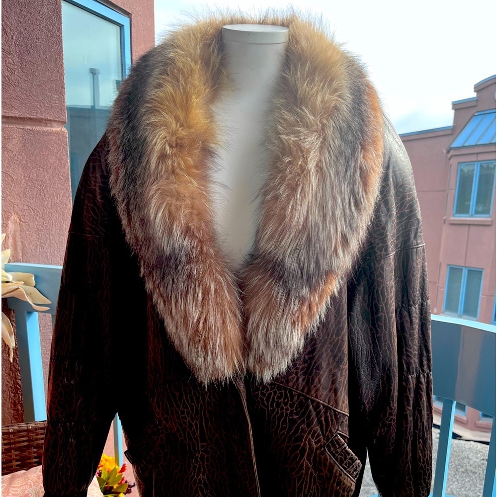 Vintage snake, print, leather jacket, trim with Fox collar